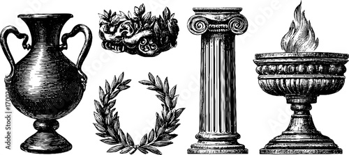 Greek aesthetic vintage engravings: classical artifacts and symbols for design projects