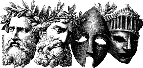 Greek gods silhouette in vintage engraving style for poster design