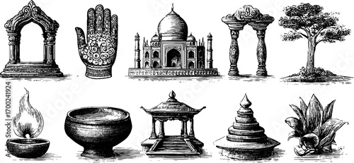 Indian cultural symbols in vintage engraving style for artistic design