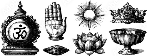 Indian graceful symbols: vintage engraving style illustration featuring om, lotus, and traditional artifacts