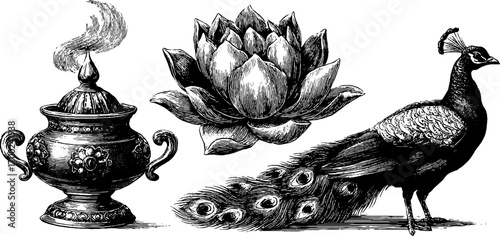 Graceful indian motifs: peacock, lotus, and incense burner in vintage engraving style for artistic and decorative use