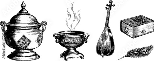 Indian grace and elegance: vintage engraving style illustration of cultural artifacts