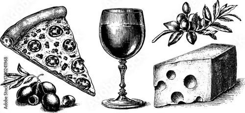 Italian dinner elements in vintage engraving style for culinary decor