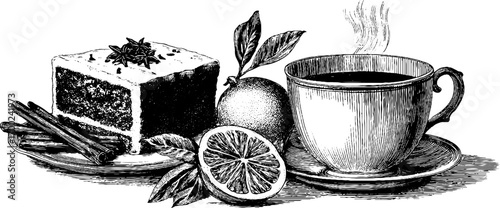 Italian dinner scene in vintage engraving style for culinary design