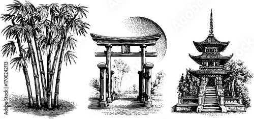 Japanese harmony in vintage engraving style featuring bamboo, torii gate, and pagoda