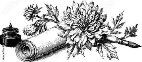 Japanese harmony in vintage engraving style: scroll with chrysanthemum and ink