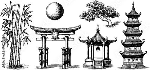 Japanese harmony in vintage engraving style - traditional elements and artistic design
