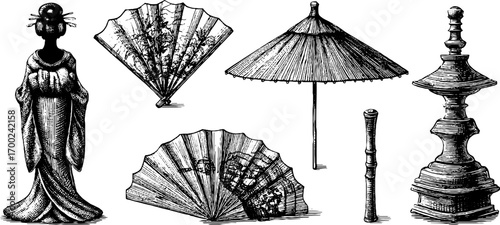 Japanese cultural icons in vintage engraving style for traditional design