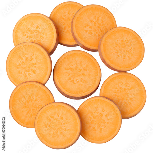Bright orange sweet potato slices arranged neatly in a circular pattern, revealing their vibrant interior flesh.