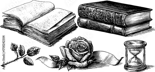 Luxurious vintage books and elegant rose in engraving style for timeless design