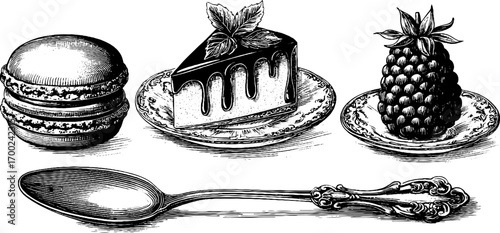 Luxurious desserts in vintage engraving style for culinary art and design
