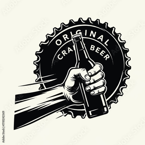 A hand holding a bottle of craft beer with a bottle cap in the background.