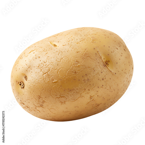A fresh, unpeeled light brown potato with earthy texture and small natural blemishes, isolated against a deep black background.