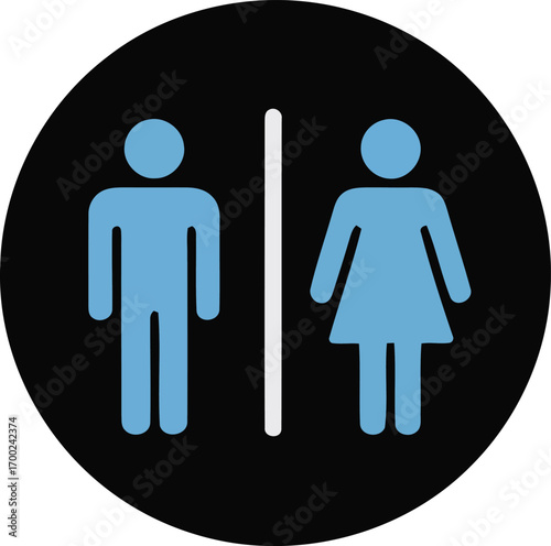Simple blue gender icons for men and women separated by a white line within a black circle representing a restroom sign