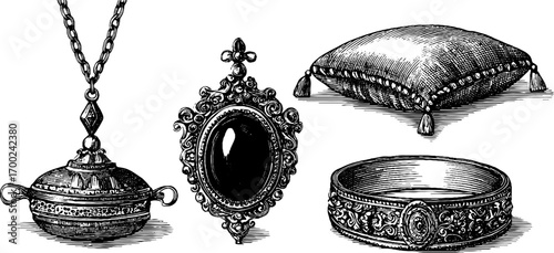 Elegant vintage jewelry collection in engraving style for design projects