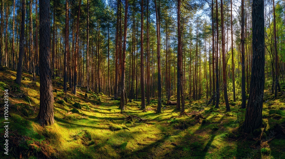 Obraz premium A vibrant forest scene with tall trees, sunlight streaming through the branches, and lush green moss covering the ground.