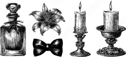 Luxurious vintage perfume and candle sketches in engraving style