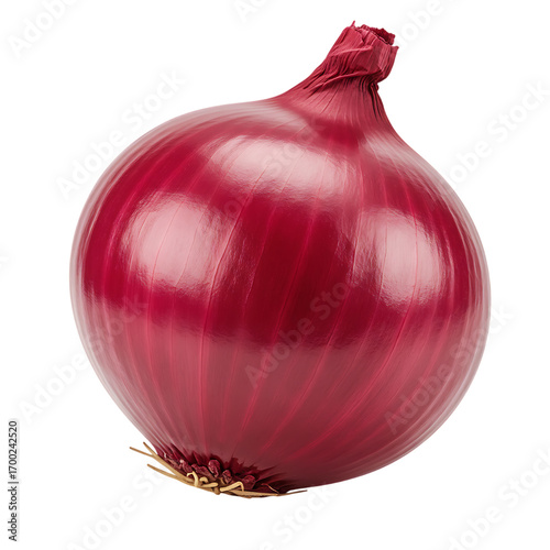 A perfectly round and glossy red onion with vibrant deep purple-red skin, showcasing a clean root end on a stark black background.