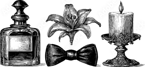 Luxurious perfume and accessories in vintage engraving style for elegant design
