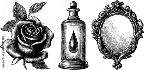 Vintage luxury perfume and mirror design in engraving style for elegant decor