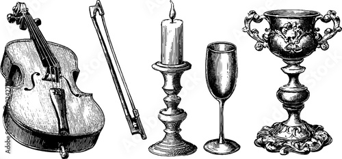Vintage night music scene engraving with violin and candlelight for artistic design