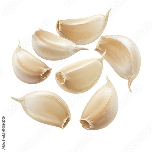 Fresh peeled garlic cloves scattered on a dark background, highlighting their smooth texture and natural curves.