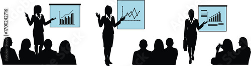 Silhouette businesswoman giving presentation to audience, corporate meeting, professional speaker, charts, graphs, business growth, teamwork, leadership.