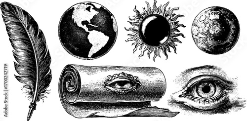 Mystic cosmos vintage style engraving of celestial and occult elements