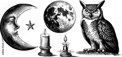 Enchanting nighttime motifs: moon, owl, and candle in vintage engraving style
