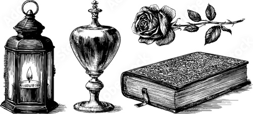 Romantic night symbols in vintage engraving: lantern, rose, and book art