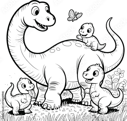 Charming black and white illustration of a friendly mother dinosaur with her three adorable baby dinosaurs and a butterfly in a grassy field