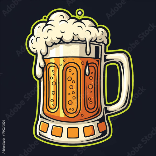 A stylized illustration of a beer mug filled with frothy beer.