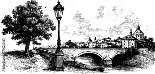 Vintage old town engraving style illustration featuring bridge and landscape