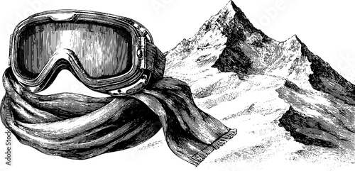 Vintage skiing adventure: retro sport engraving with goggles and mountain scene