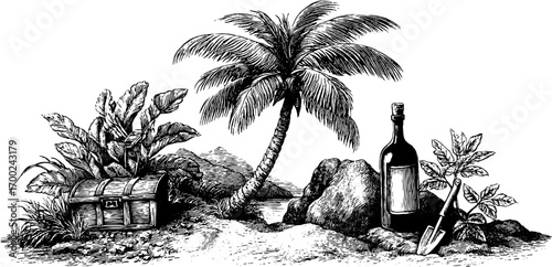 Vintage pirate treasure scene with palm tree and chest in classic engraving style for print or poster