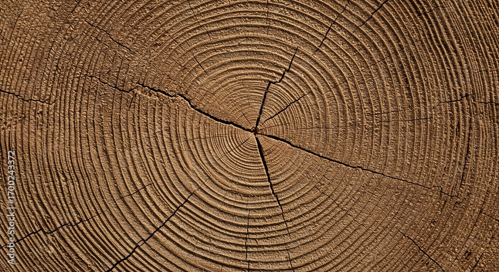 Naklejka premium Close-up of tree rings showing growth patterns and age, with cracks radiating from the center.