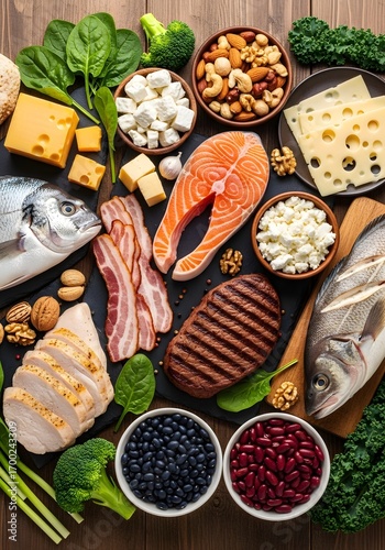 Selection of protein rich foods including meat fish nuts and beans on a dark surface
