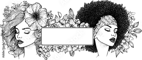 Vintage floral portraits: abstract engraving of afro and floral hairstyles