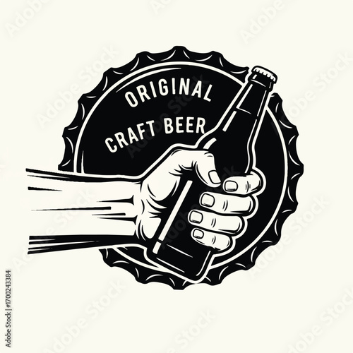 A vintage monochrome emblem of a hand holding an original craft beer bottle, set against a large bottle cap.
