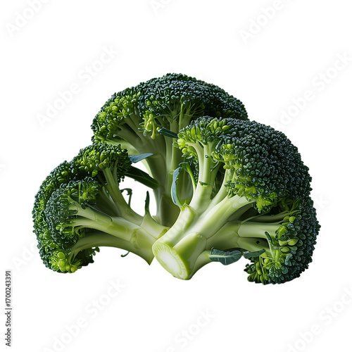 Fresh vibrant green broccoli florets with visible stems cut cleanly, presented against a minimalist black background.