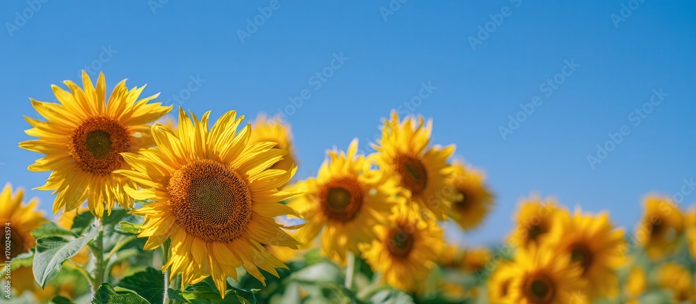 Obraz premium A bright field of sunflowers under a clear blue sky, showcasing vibrant yellow petals and green foliage, creating a cheerful and uplifting scene.