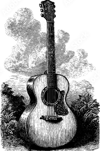 Vintage acoustic guitar engraving style art for music lover decor and design