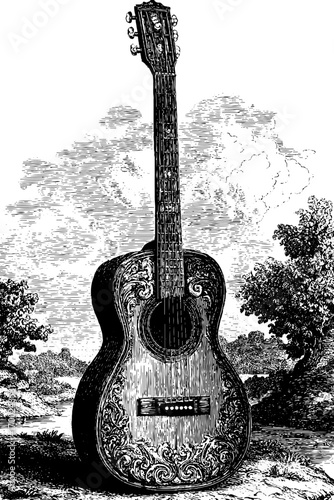 Detailed vintage acoustic guitar illustration with ornate engraving design for music posters