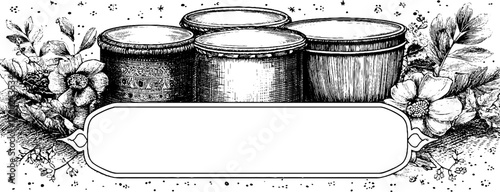 Vintage engraving of african drums with floral motif for design and print