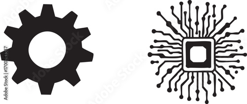 Gear and Microchip Icon Vector – Silhouettes Representing Mechanical Engineering and Digital Technology Integration