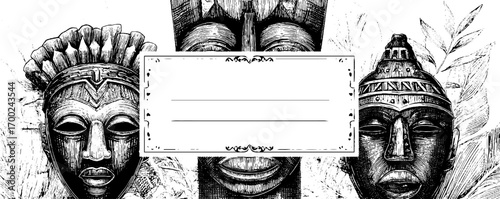 Vintage engraving style sketch of african masks - cultural heritage design for posters and labels