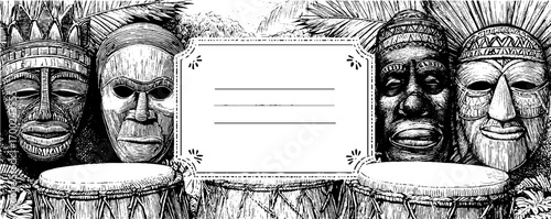 Vintage engraving style illustration of african tribal masks with drums and blank label for design