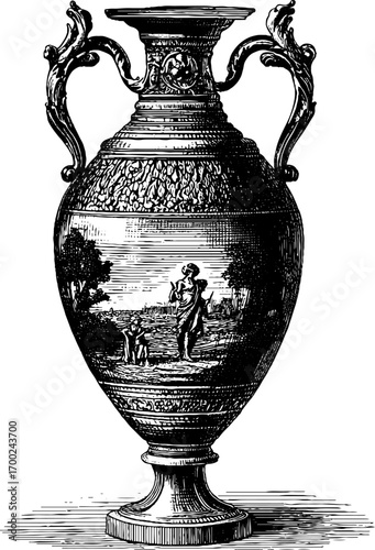 Vintage engraving style illustration of classical amphora with ornate handles and scenic motif