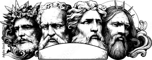 Ancient greek mythology gods engraving in vintage style for classic design and decoration