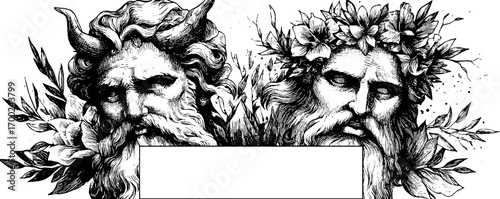 Ancient mythology dual deities in vintage engraving style for art and design projects
